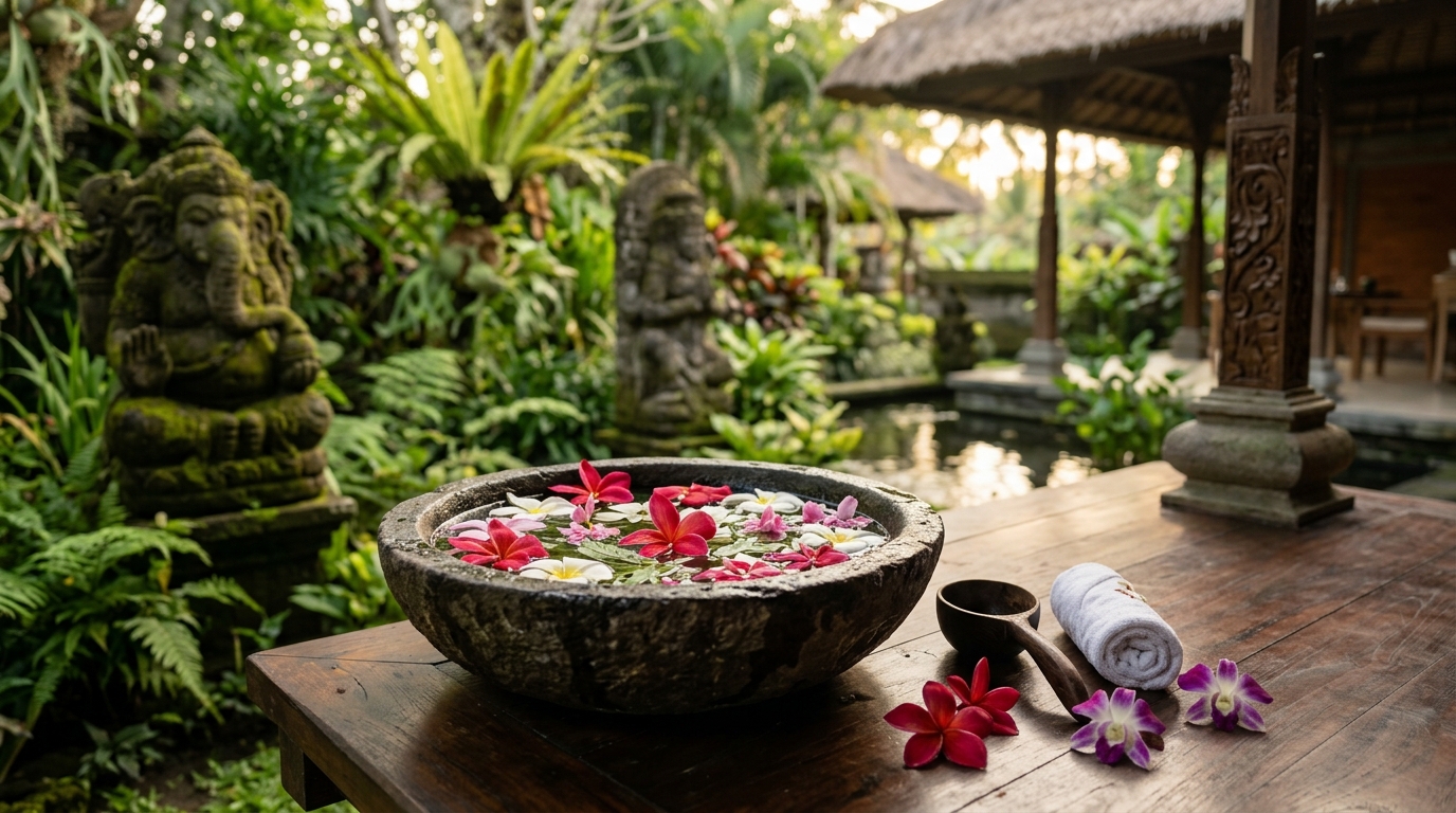 A relaxing traditional Balinese spa setup with essential oils and massage stones