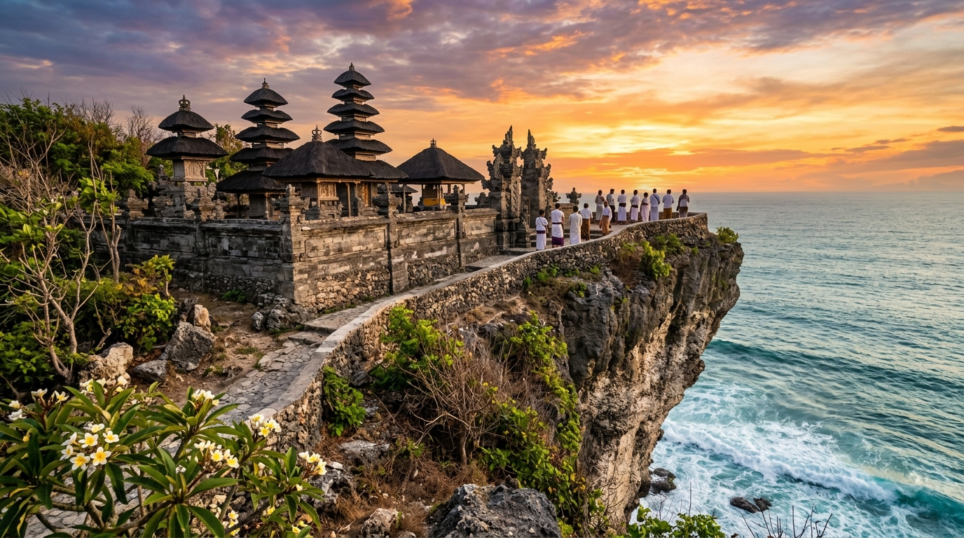 A scenic view of Uluwatu Temple perched on a steep cliff overlooking the Indian Ocean during sunset