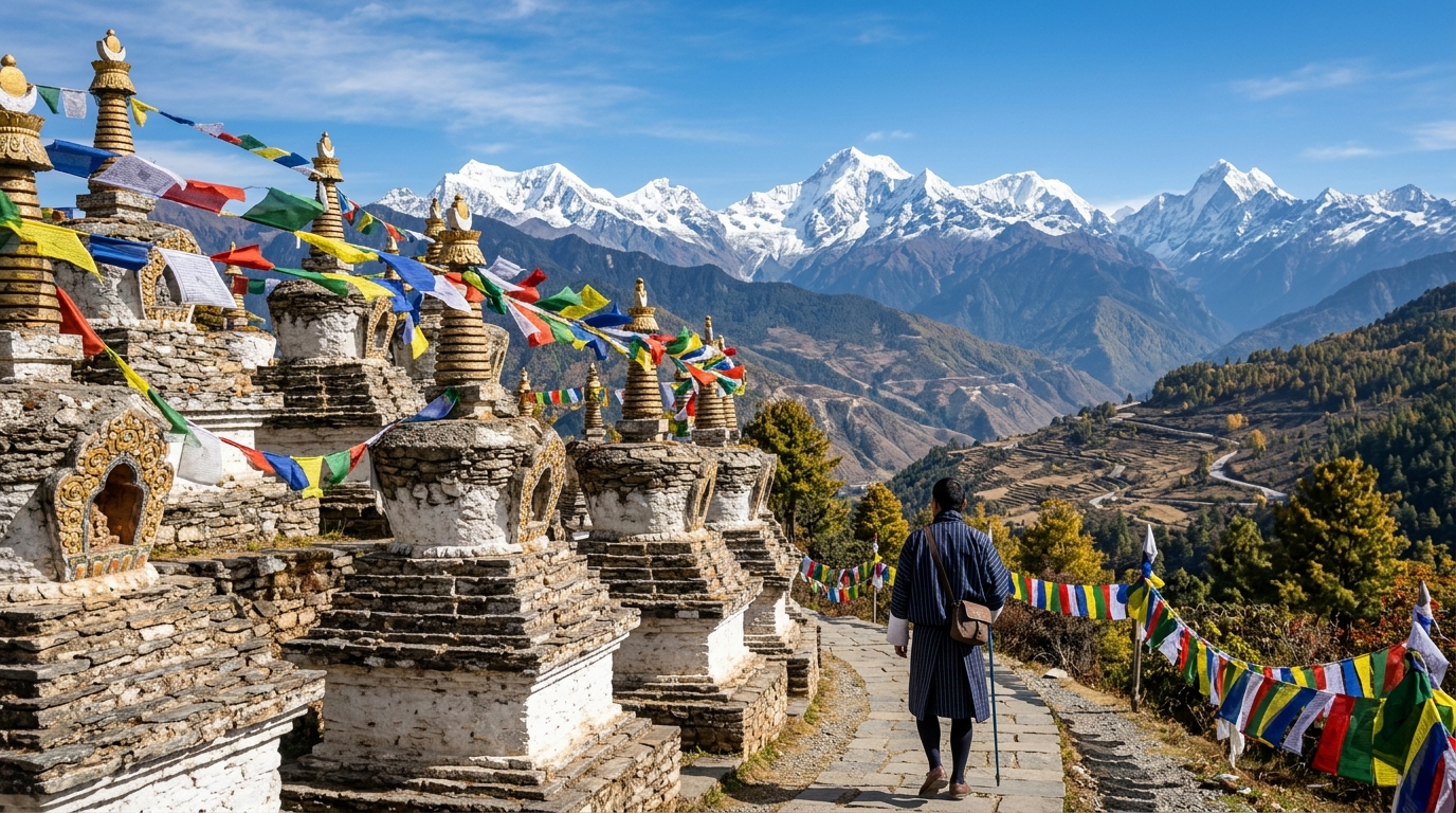 Lush green valleys and traditional architecture seen along a scenic Bhutan itinerary