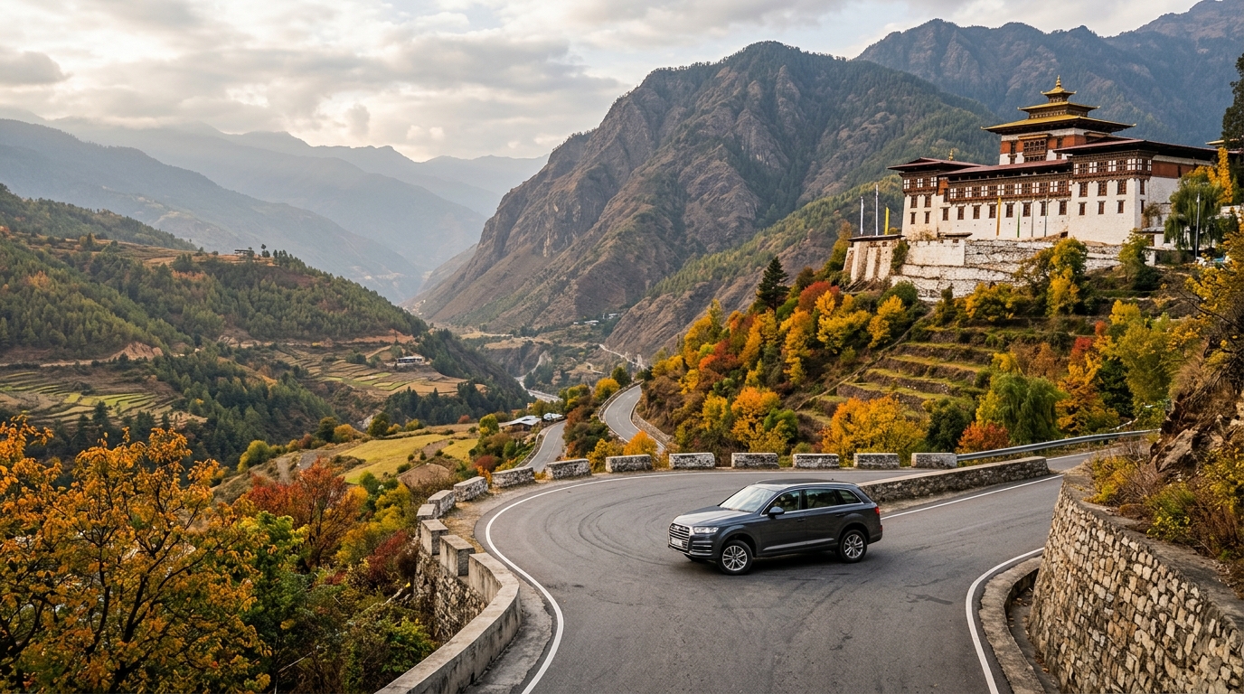A scenic view of a traditional Bhutanese dzong representing accommodation and transport options in Bhutan