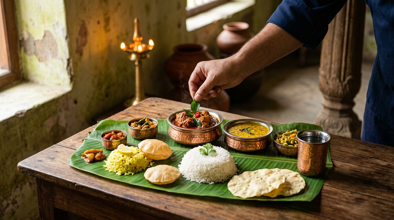 Exquisite dining experience of traditional Chettinad cuisine served on banana leaves inside a heritage estate