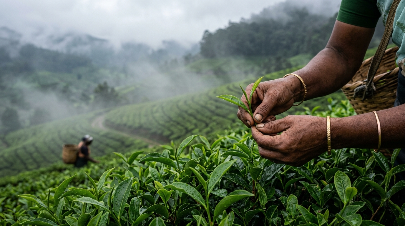 Lush green step tea plantations stretching across the mountain slopes in Darjeeling