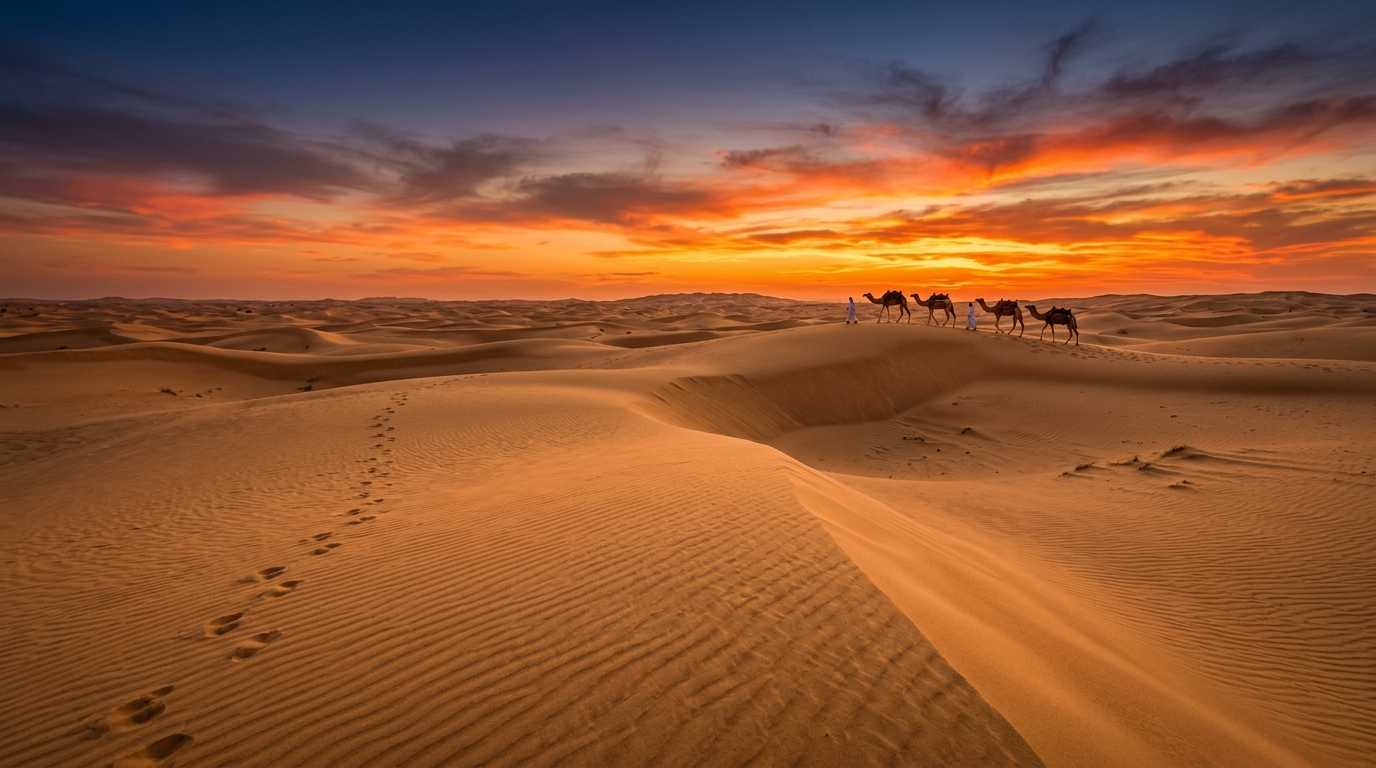 Thrilling 4x4 vehicles dune bashing across the golden sand dunes of the Dubai desert
