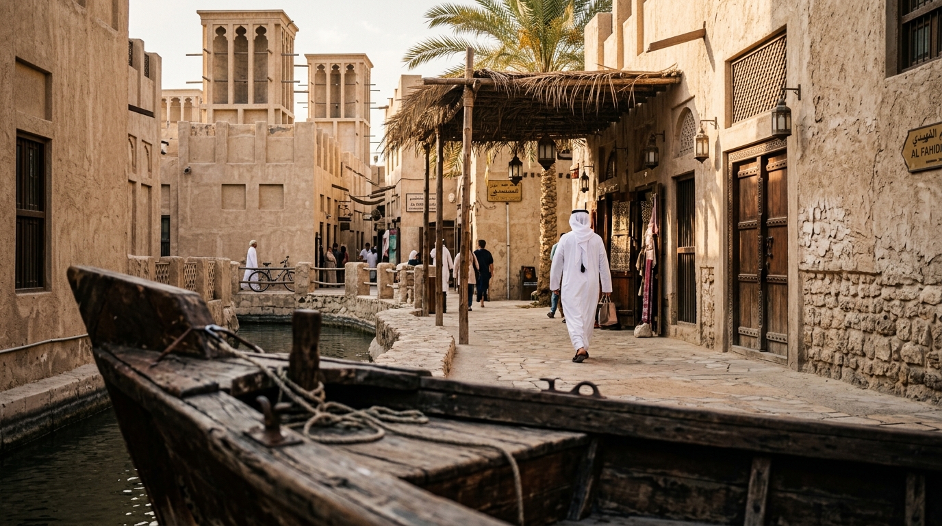 Traditional wooden abra boat crossing Dubai Creek near the historic wind-tower architecture of Al Fahidi