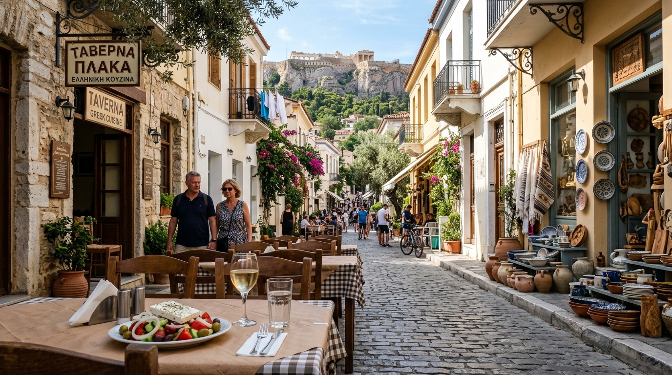 Traditional Greek taverna dining with fresh Mediterranean seafood