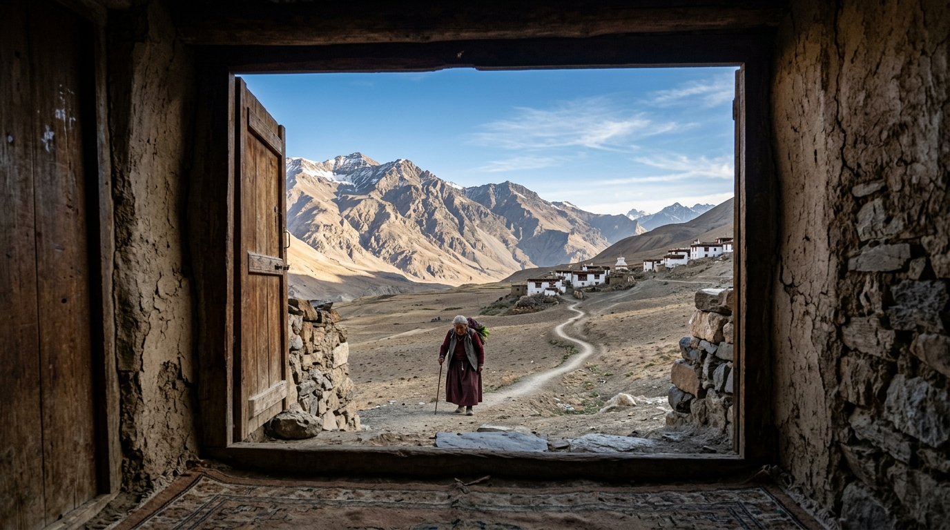 Stunning landscape of the remote Gue Village and the surrounding Himalayan mountains in Spiti Valley