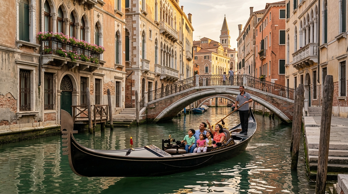 A happy family exploring landmarks during their Italy family tour package from India