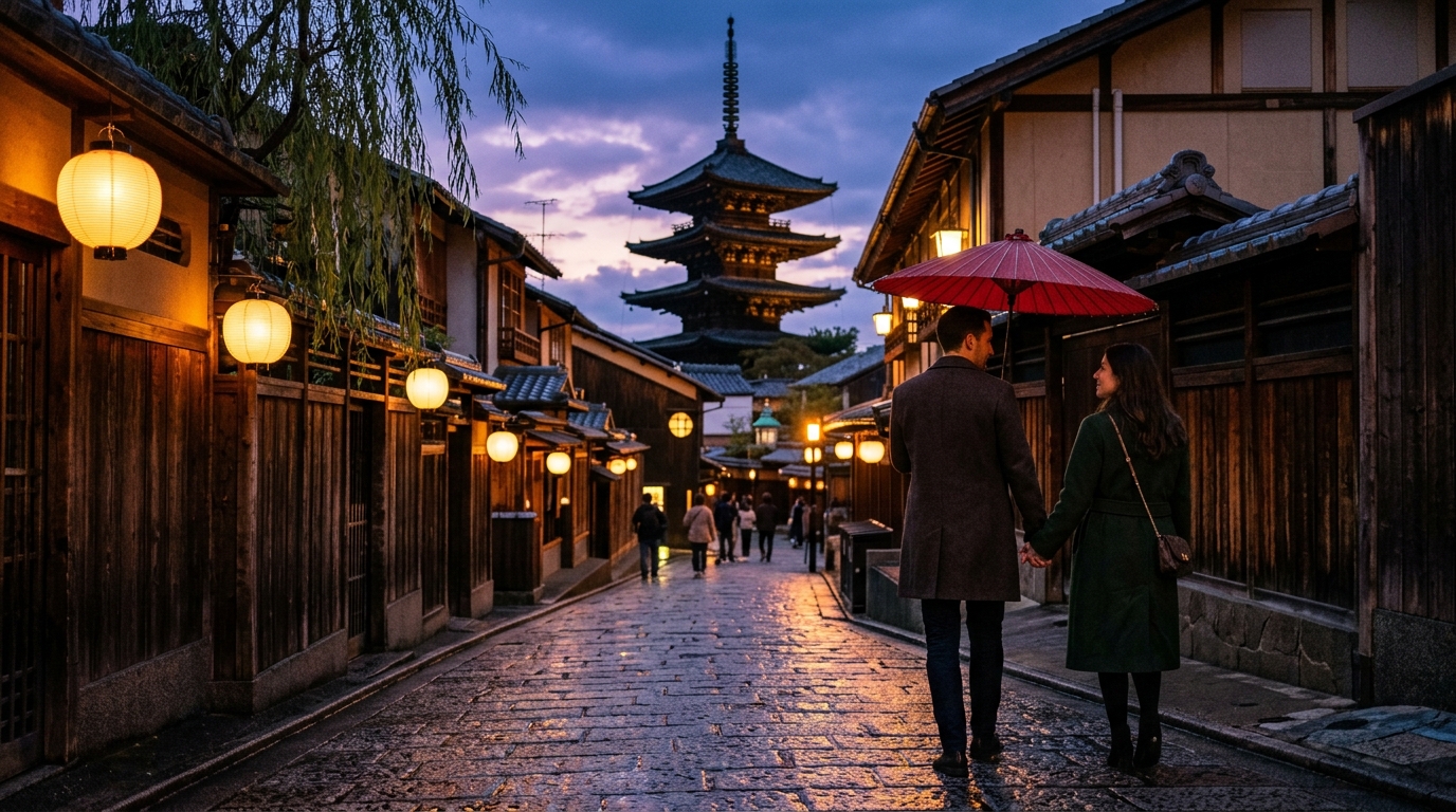 The Ultimate Japan Honeymoon Package from India: A Romantic 9-Day Itinerary 1 A romantic couple walking through a scenic path in Japan, a popular highlight of Japan honeymoon packages from India