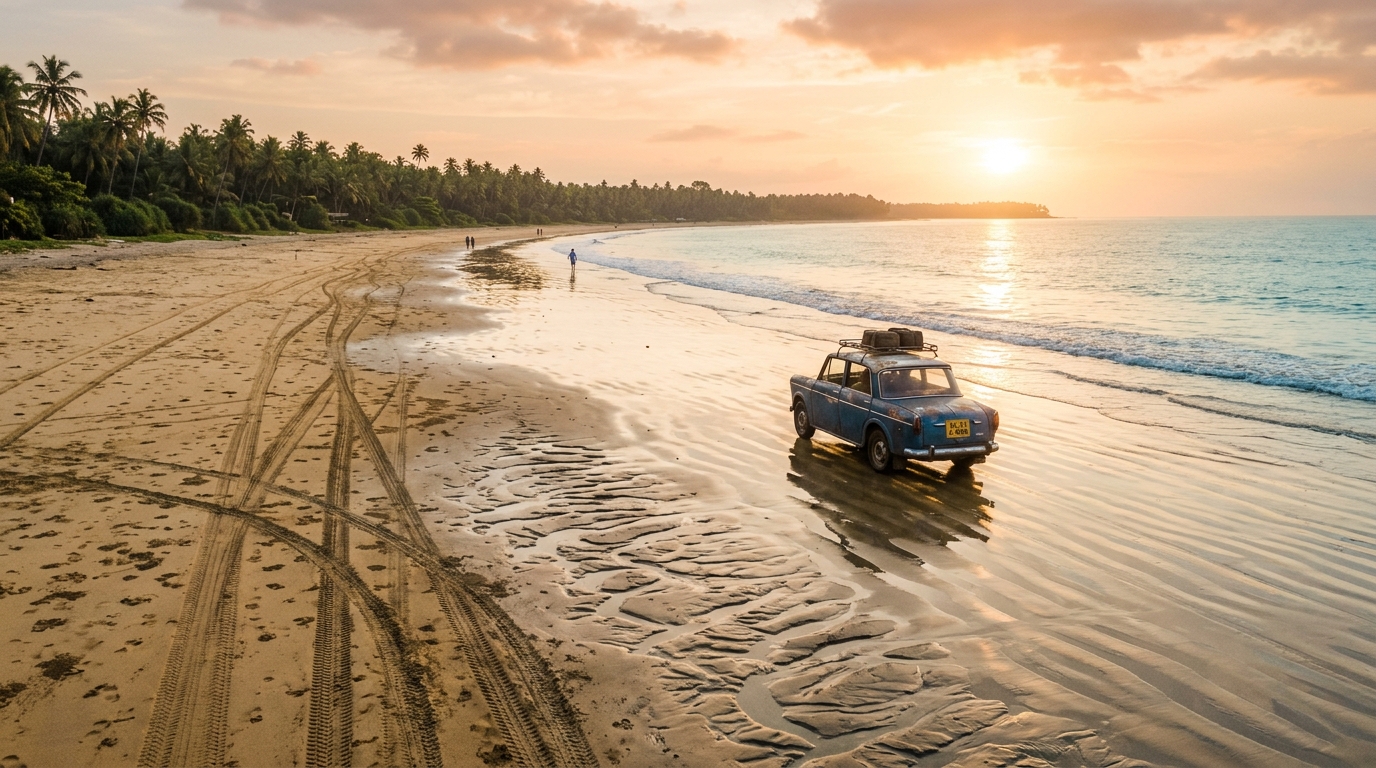 Pristine golden sand beach lined with coconut trees in Kannur Kerala