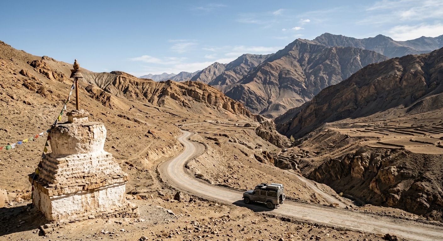A winding road through the spectacular mountain passes of Leh Ladakh