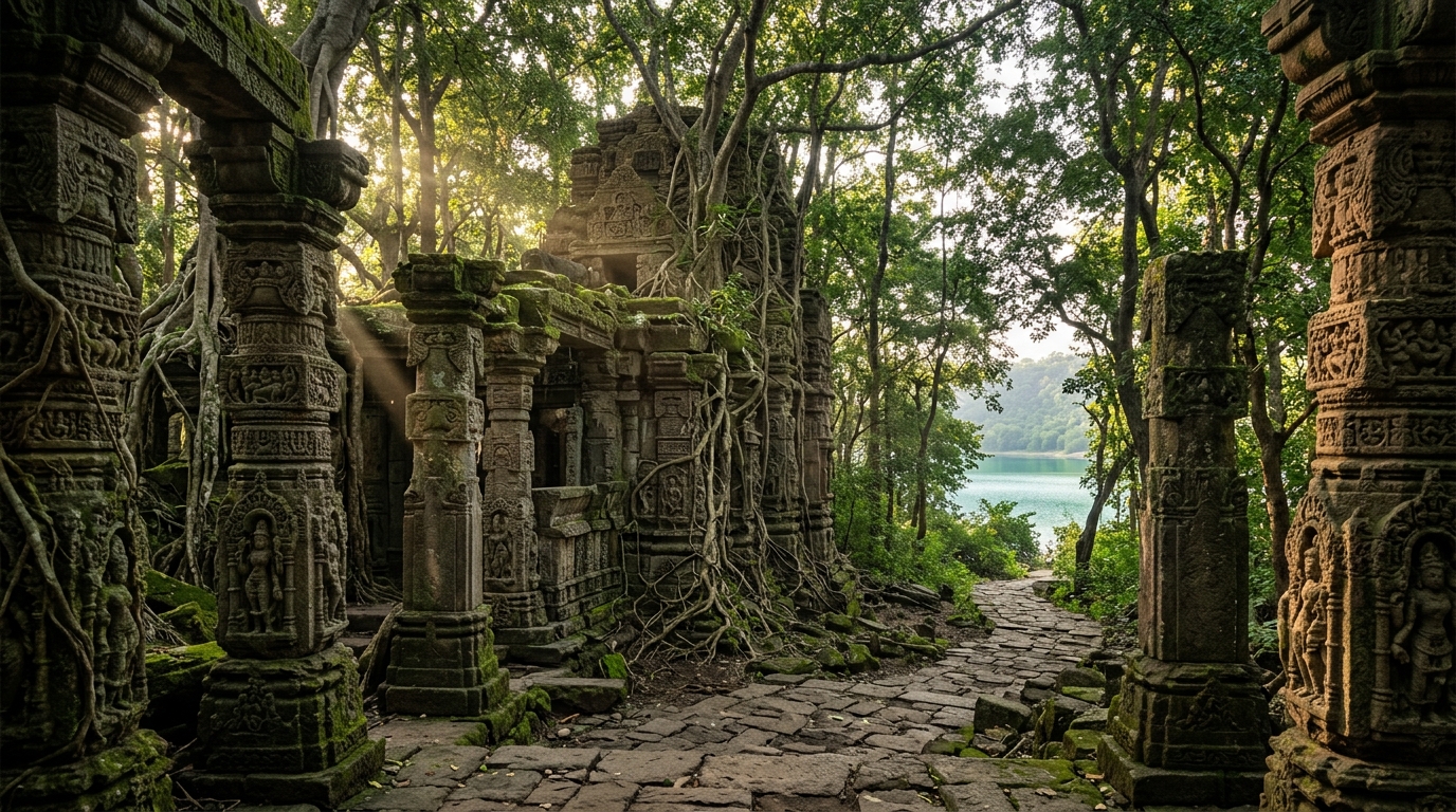 Ancient Hemadpanthi stone temples surrounding the saline Lonar Lake crater rim
