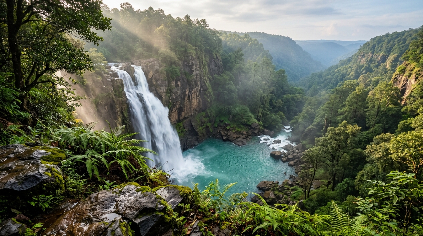 Scenic Tiger Point Waterfall surrounded by lush pine forests in Mainpat