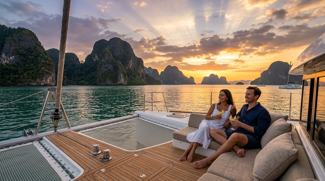 Sunset cruise in Langkawi, a romantic inclusion in Malaysia tour packages from India.