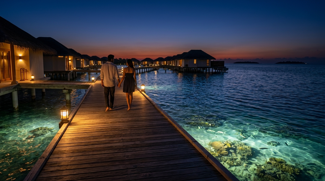 The Ultimate Maldives Honeymoon Package from India: A Romantic 5-Day Tropical Escape Itinerary 2 Stunning sunset and overwater villas during a Maldives honeymoon package from India