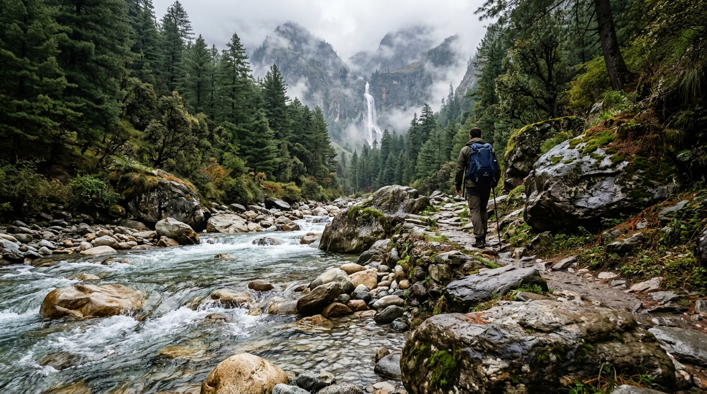 A scenic view of a forest path and Beas river trail during a Manali itinerary hike