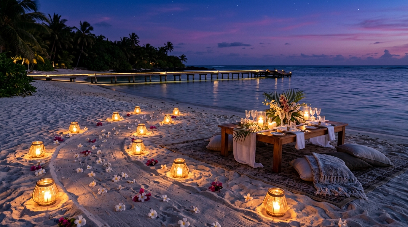 A romantic couple walking along the ocean shore booked through Mauritius honeymoon packages from india