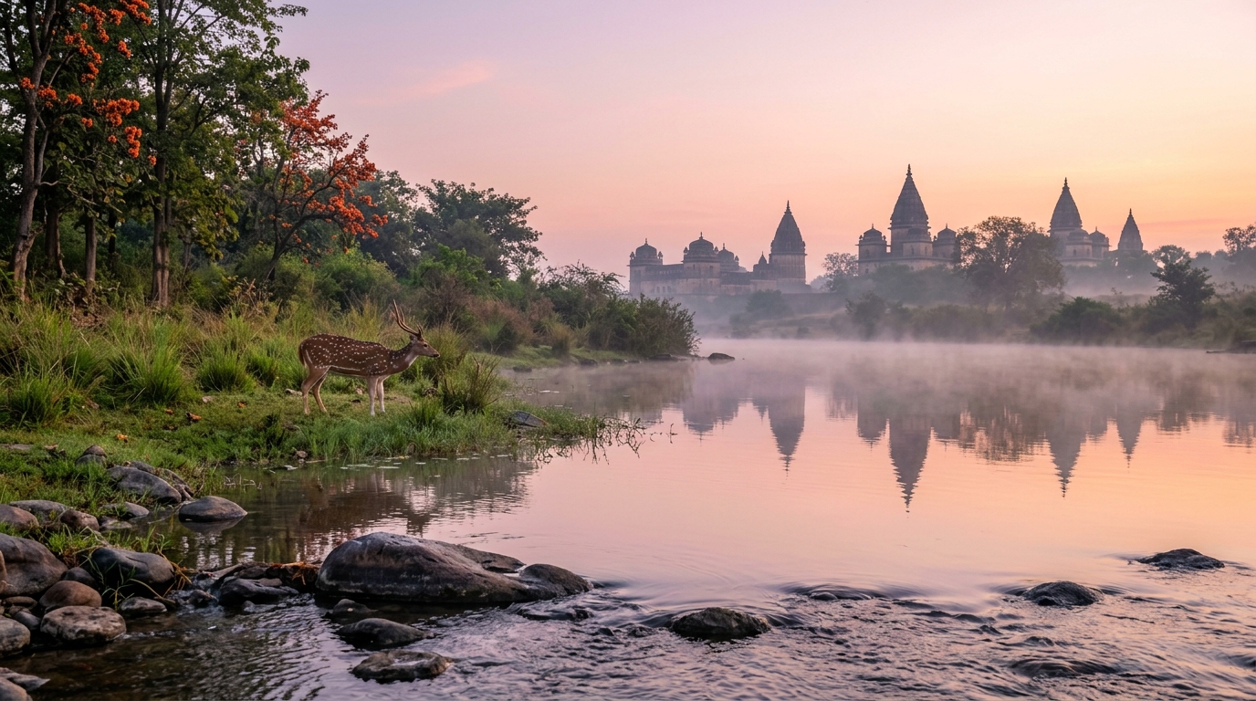 A scenic view of the Royal Chhatris along the peaceful banks of the Betwa River