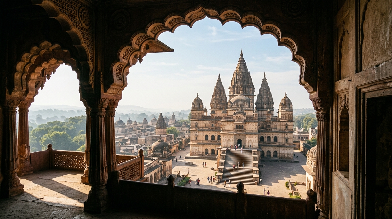 Grand stone palaces and classic chhatris of the historic Orchha Fort Complex