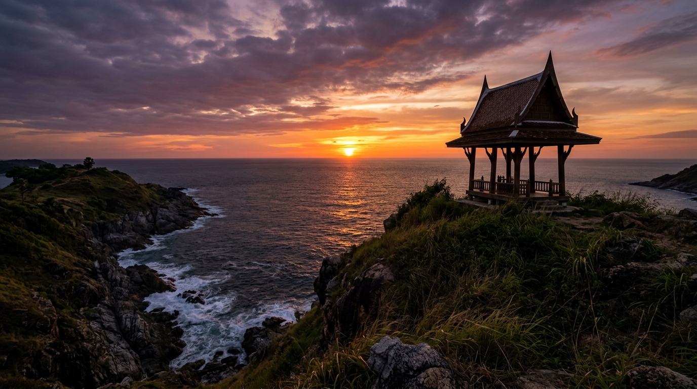 Spectacular sunset over the ocean horizon at a beautiful Phuket beach