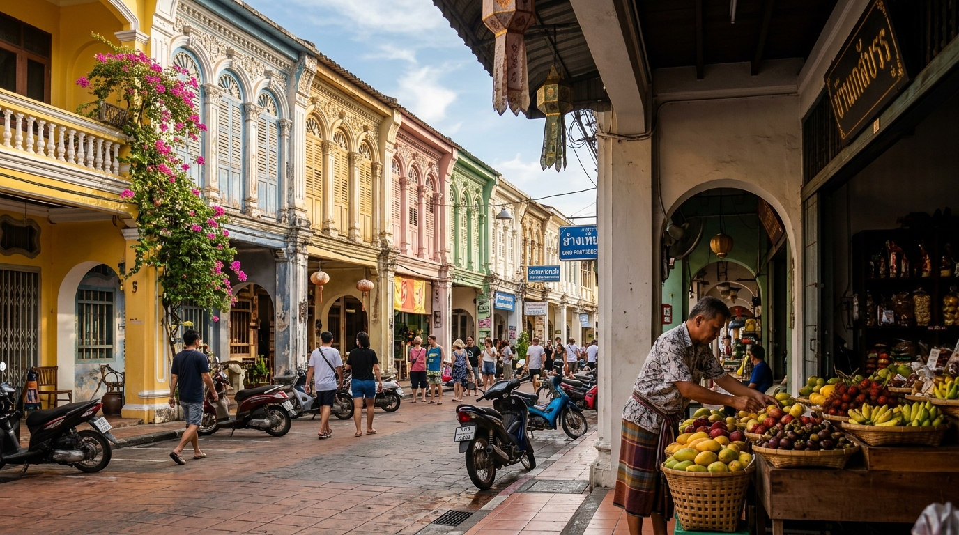 Charming historical streets with colorful Sino-Portuguese architecture in Old Phuket Town