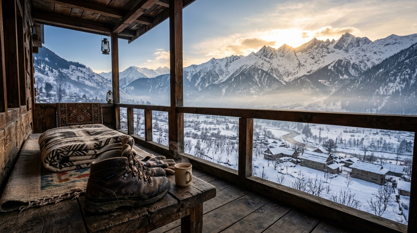 The Ultimate Sethan Valley Travel Guide: How to Visit India's Magical Igloo Village 2 Thick winter boots and cold weather gears laid out for preparation, an essential step in this Sethan Valley travel guide