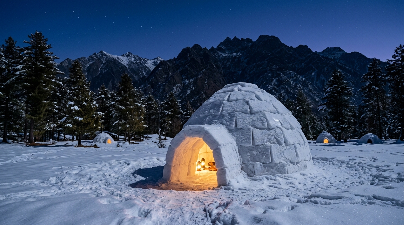 The Ultimate Sethan Valley Travel Guide: How to Visit India's Magical Igloo Village 1 A magical illuminated snow igloo nestled in the deep winter landscape of Sethan Valley, an absolute highlight in this Sethan Valley travel guide