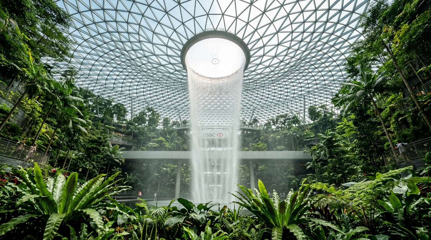 The spectacular indoor waterfall at Jewel Changi Airport in Singapore