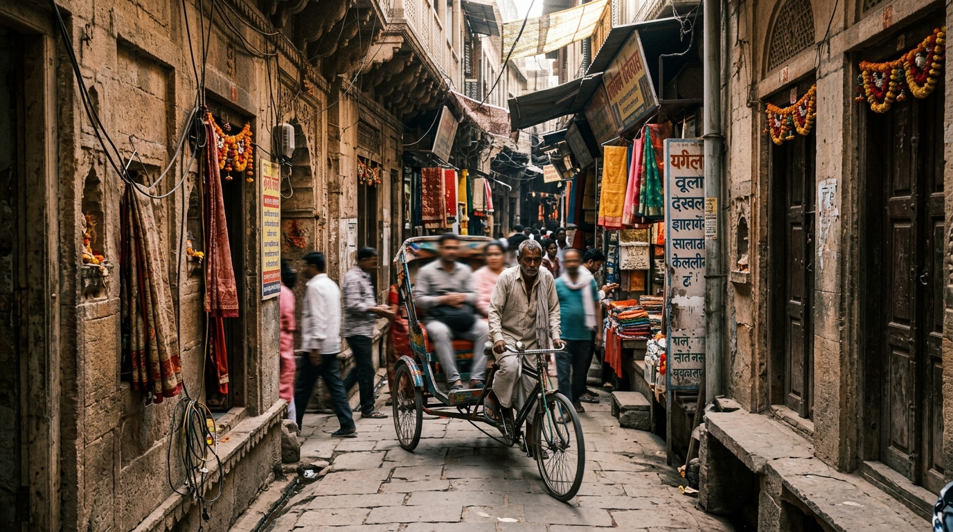 A quiet narrow alley in Varanasi old city with traditional architecture