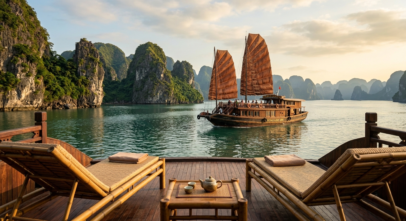A scenic cruise ship sailing across emerald waters in Halong Bay, a premier destination in the Vietnam Cambodia tour package from India