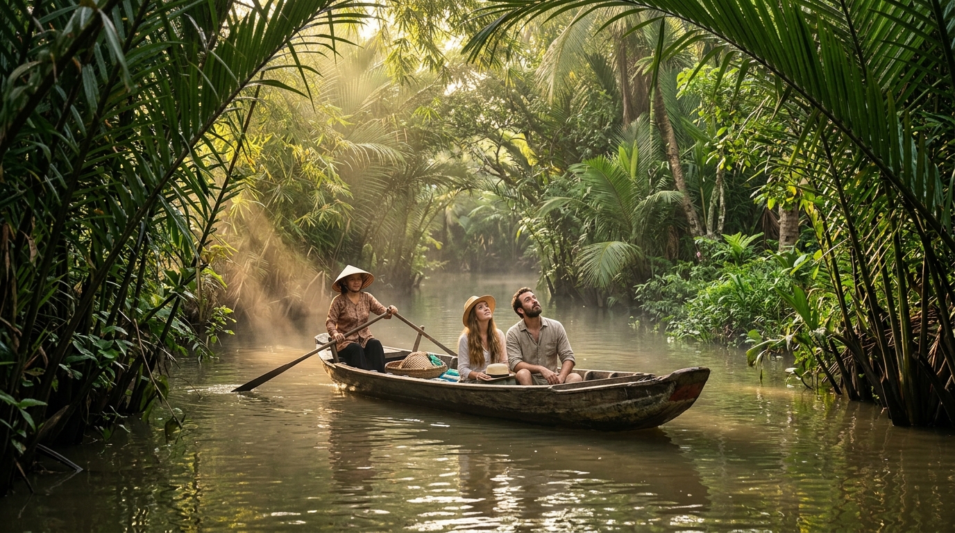 The Ultimate Vietnam Honeymoon Tour Packages from India: A Romantic 8-Day Itinerary 2 A romantic couple walking through a brightly lit street decorated with lanterns, depicting standard highlights of Vietnam honeymoon tour packages from India