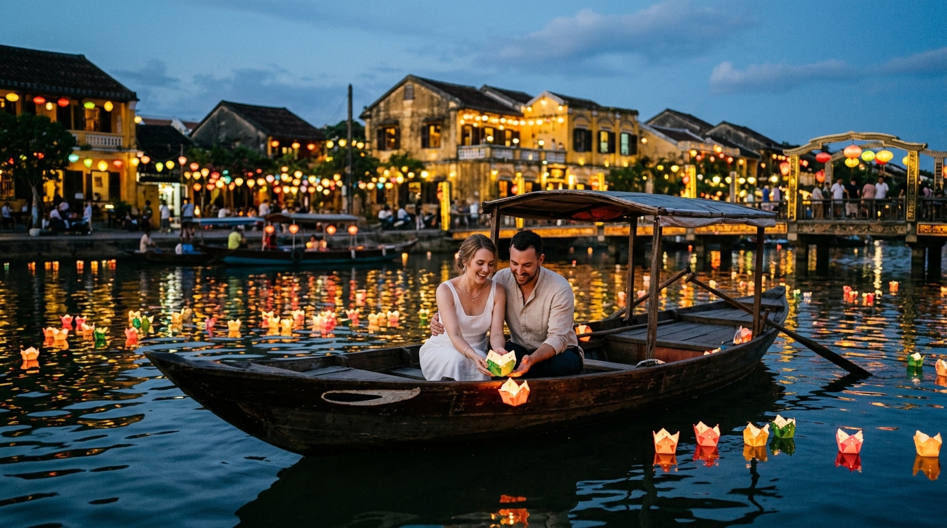 The Ultimate Vietnam Honeymoon Tour Packages from India: A Romantic 8-Day Itinerary 1 Newlywed couple enjoying scenic views on a luxury Halong Bay cruise, part of custom Vietnam honeymoon tour packages from India