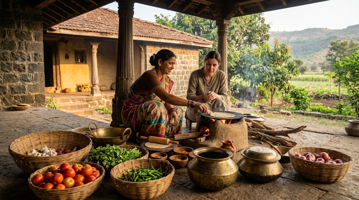 A family interacting with farm animals during an immersive agritourism experience in India