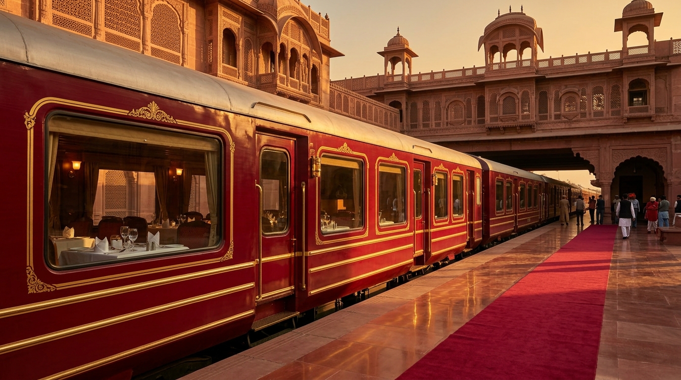 A scenic passenger train traveling through lush green fields representing all india tour packages by train