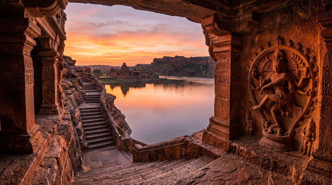 Discover India's Ancient Caves: An Ultimate Guide to Historical Rock-Cut Marvels 2 The beautiful Badami cave temples carved into red sandstone cliffs overlooking Agastya Lake, showcasing regional ancient caves in India.