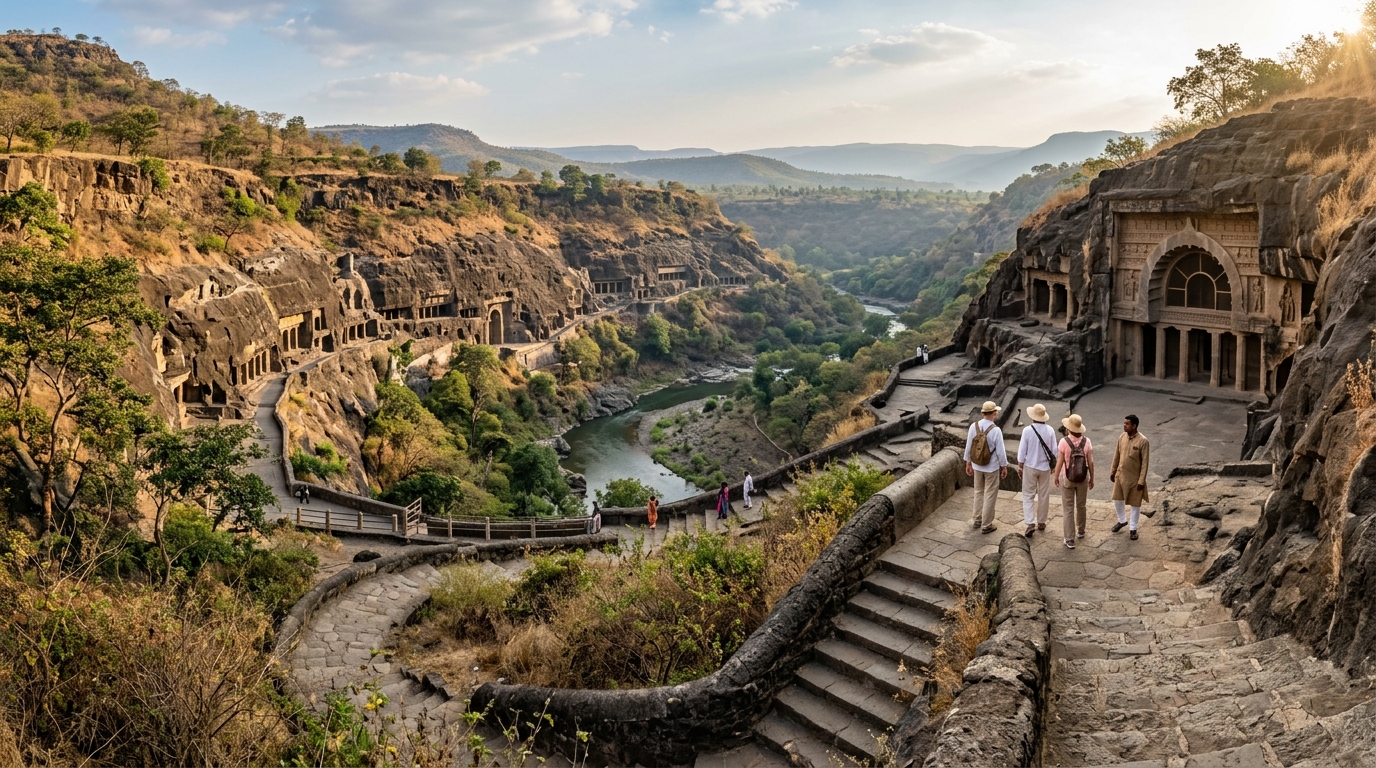Discover India's Ancient Caves: An Ultimate Guide to Historical Rock-Cut Marvels 1 The magnificent Ajanta Caves, representing some of the most famous ancient caves in India with exquisite Buddhist rock-cut architecture.