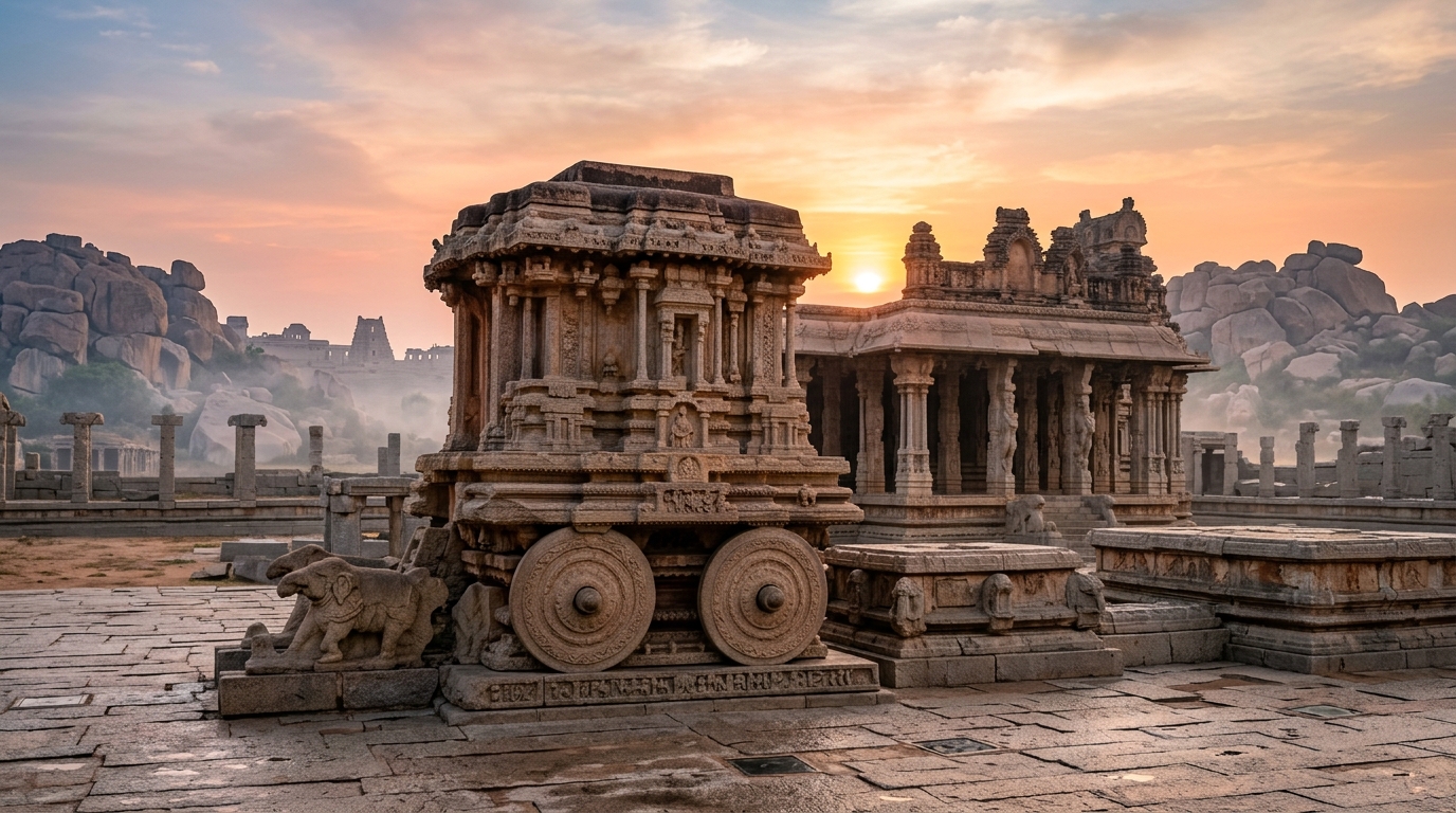 A towering gopuram gateway of ancient temples in southern India under a clear sky