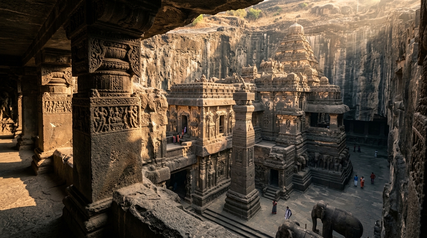 Exquisite stone carvings on the walls of ancient temples in India highlighting historic architecture