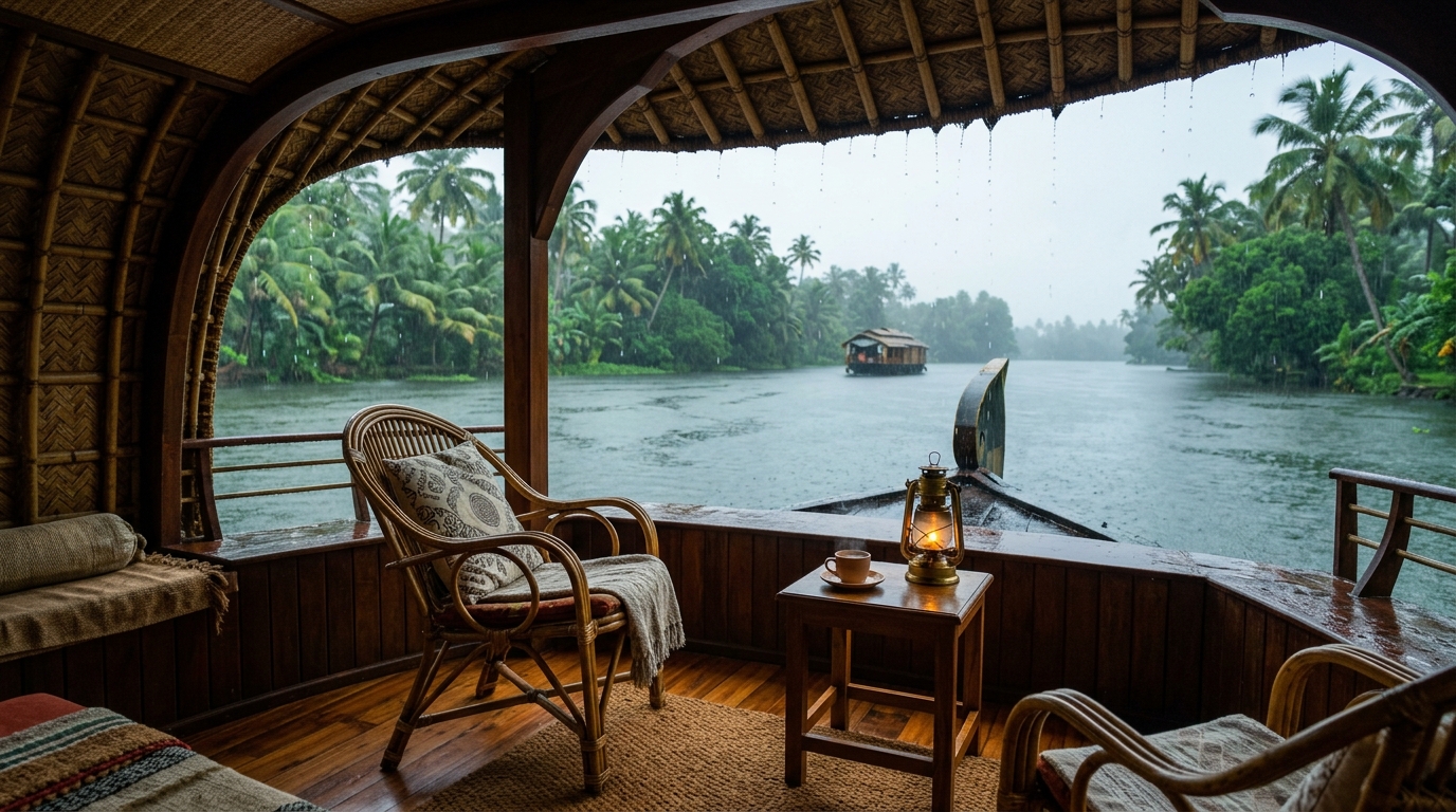 A traditional backwater houseboat in Kerala anchored near a village at sunset