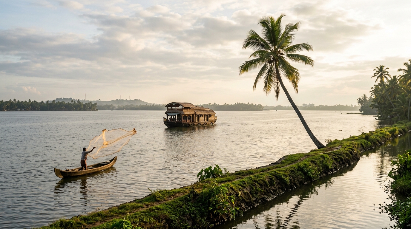 A premium backwater houseboat kerala cruising along a peaceful canal lined with coconut palm trees