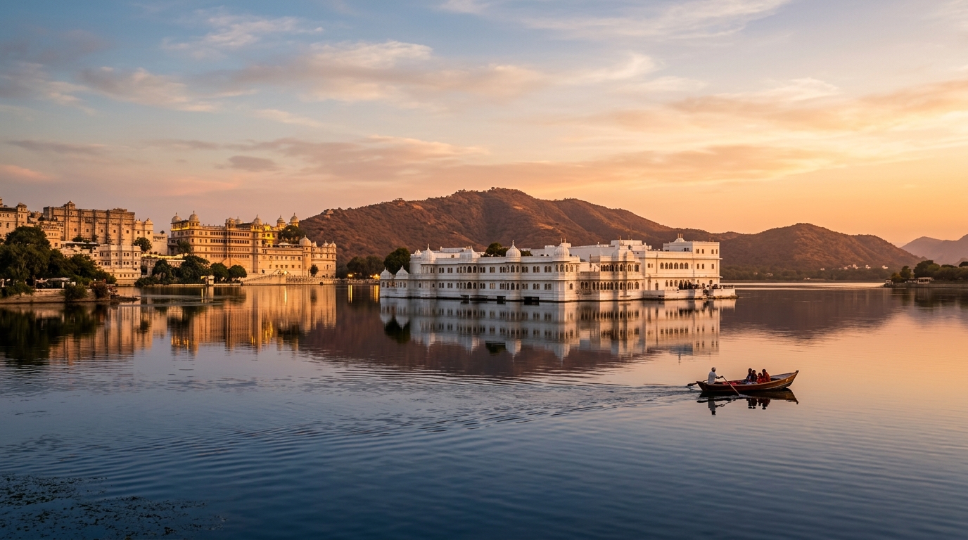 Vibrant cultural architecture and lakeside scenery in Rajasthan during October