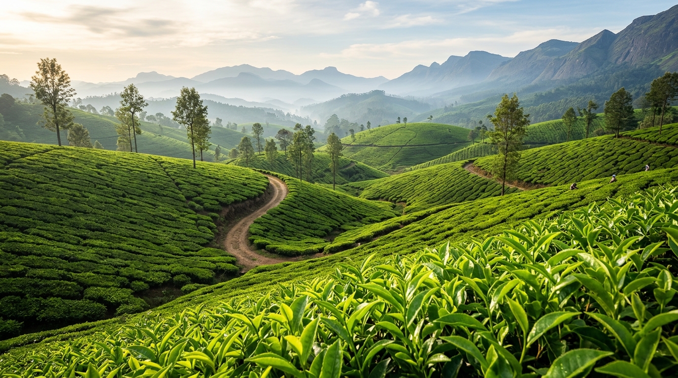 Lush green tea estates of South India during the summer season
