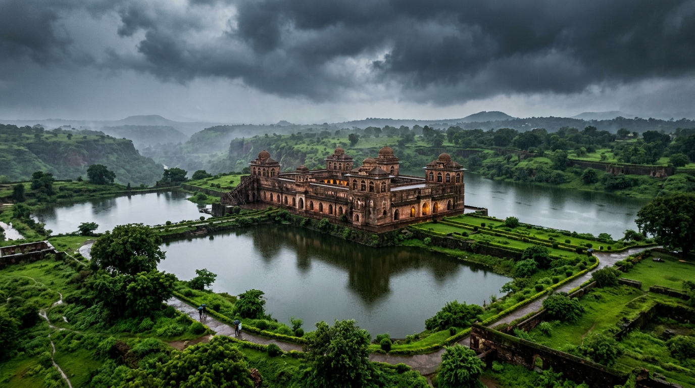 A spectacular view of historical architecture and glistening lakes in India in August