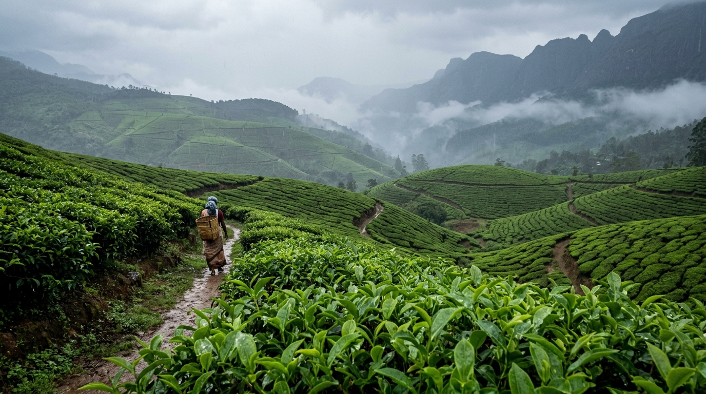 Misty hills and cascading waterfalls in South India during monsoon season