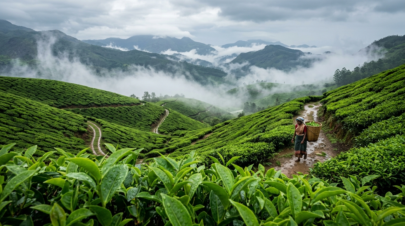 Misty tea gardens of Darjeeling, India