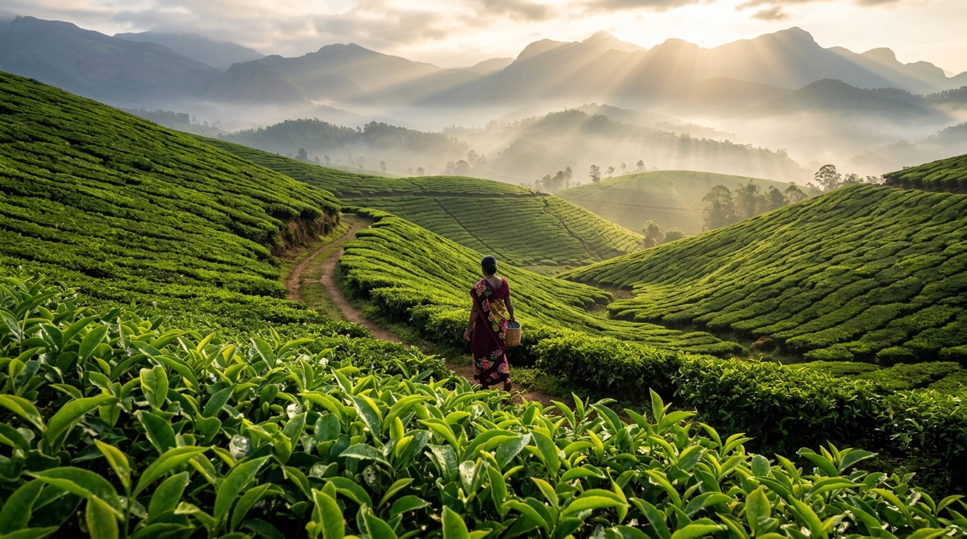 Spectacular view of rolling green tea gardens and mist-covered mountains of Munnar, South India