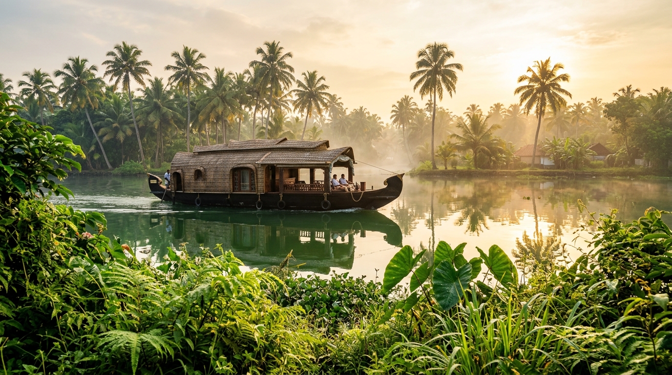 Tranquil houseboat cruising the lush green backwaters of Kerala, South India