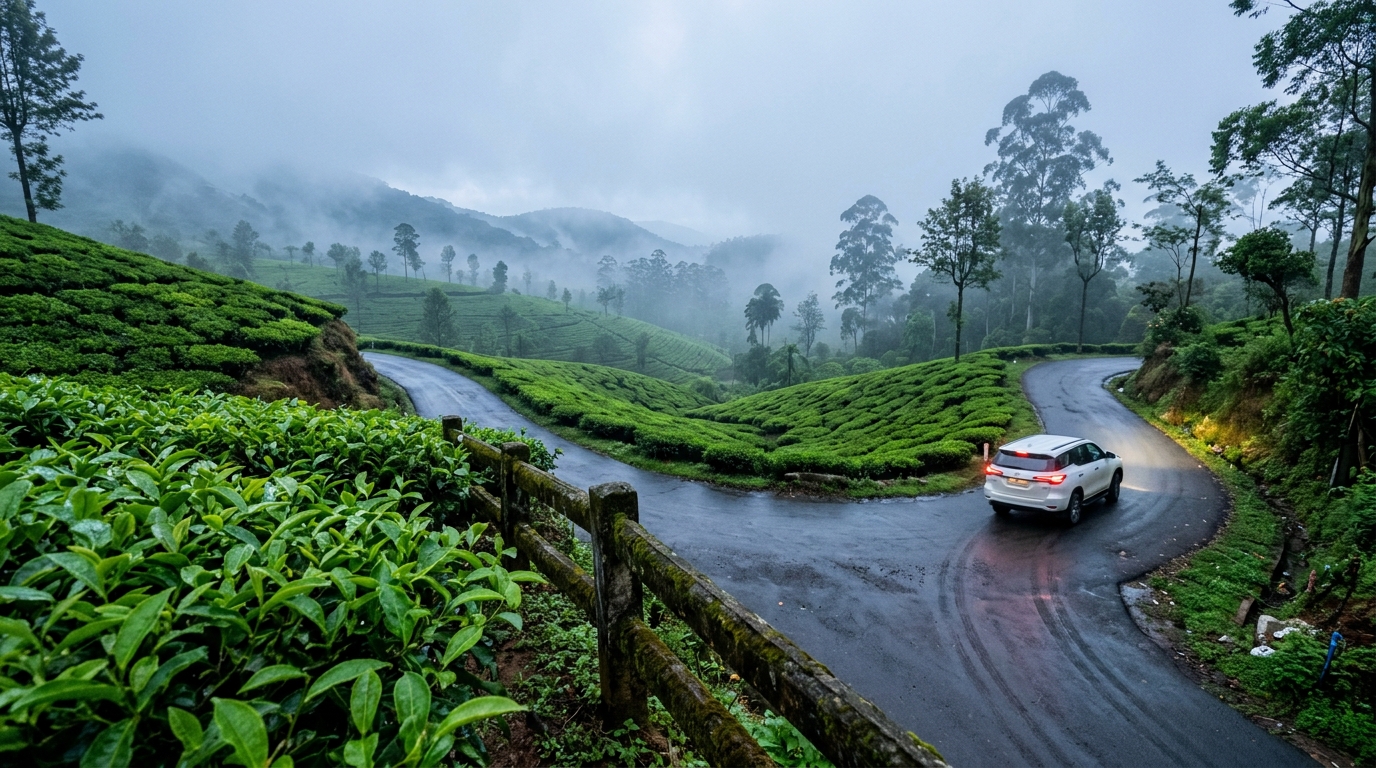 A beautiful coastal highway with tropical palm trees, a prominent destination for the best road trips in India