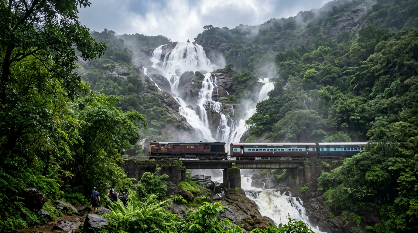 A breathtaking view of one of the best waterfalls in India cascading down lush green mountains during the monsoon season