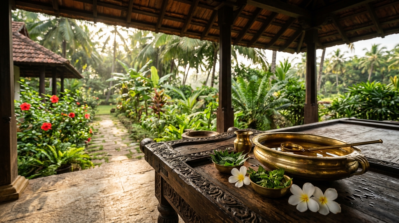 Traditional Ayurvedic oil therapy treatment at a luxury wellness resort in India