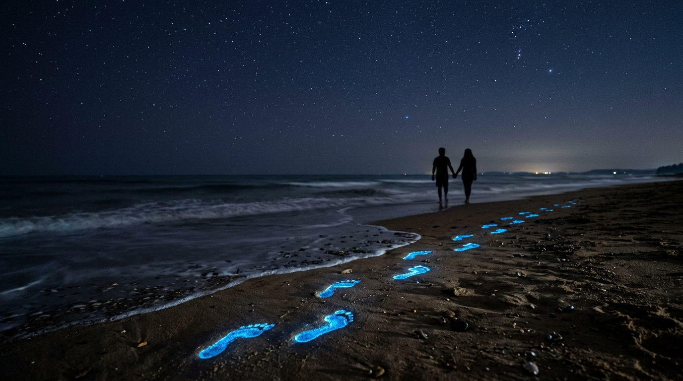 A beautiful blue glowing wave on a bioluminescent beach in India under a starry sky